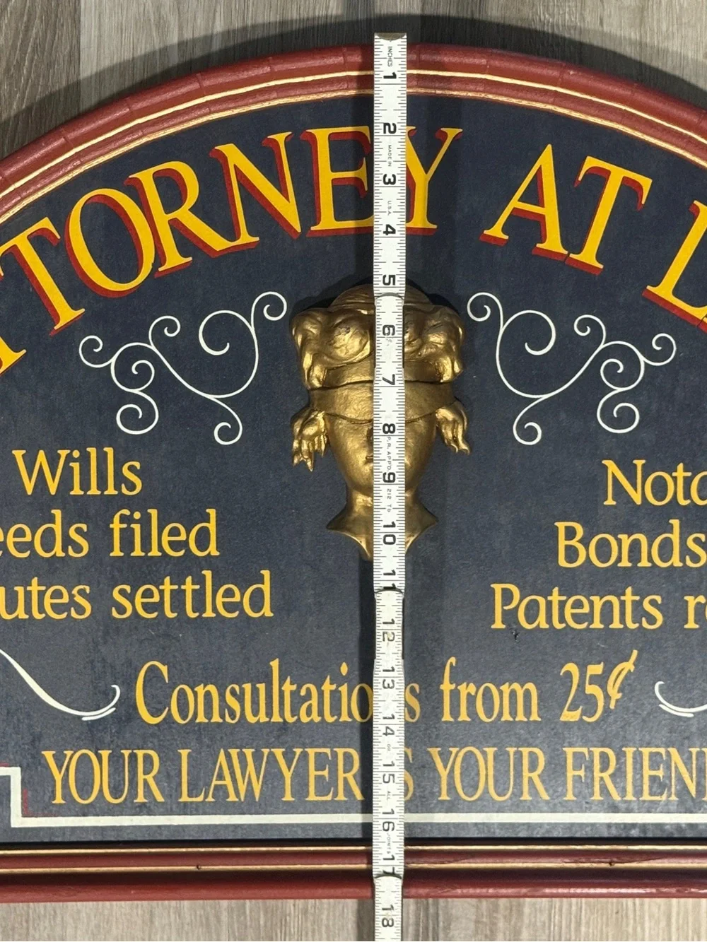 Vtg 1997 Attorney At Law Decorative Wall Plaque in Black Gold - Solid Wood USA